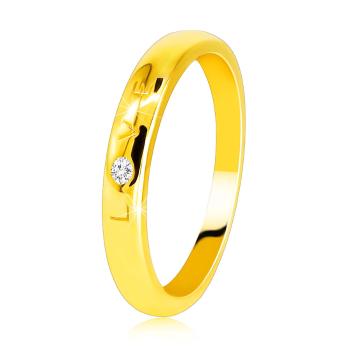 Diamantová obrúčka v žltom 585 zlate - nápis "LOVE" s briliantom, hladký povrch, 1,6 mm - Veľkosť: 62 mm