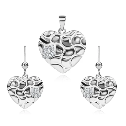 Set náušníc a prívesku, striebro 925, srdce so zvlnenými zárezmi a zirkónmi