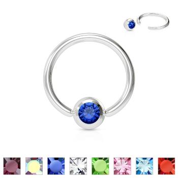 Piercing z chirurgickej ocele - krúžok s farebným kryštálikom v okrúhlej objímke - Rozmer: 1,2 mm x 10 mm, Farba zirkónu: Modrá - B