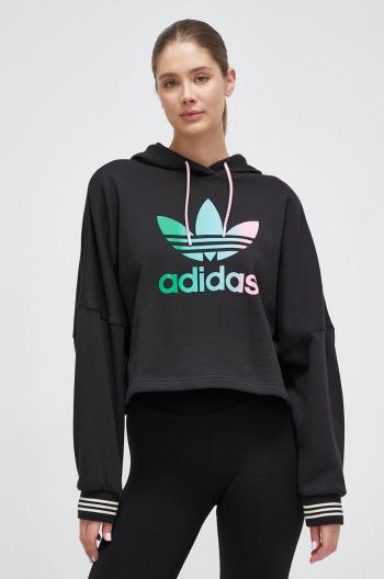 Bavlnená mikina adidas Originals dámska, čierna farba, s kapucňou, s nášivkou