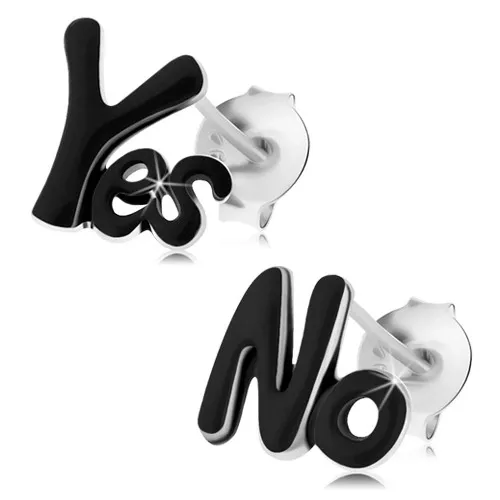 Strieborné 925 náušnice, nápisy Yes a No, lesklá čierna glazúra