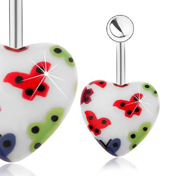 Oceľový piercing do pupku, akrylové srdce - biely podklad, farebné motýliky
