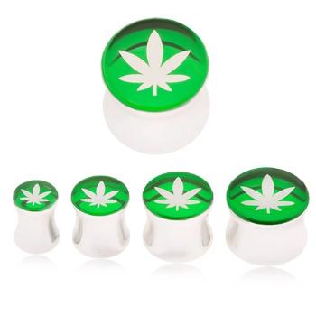 Plug do ucha z ocele 316L, list marihuany na zelenom podklade - Hrúbka: 12 mm