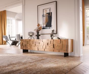 TV stolík Puzzle 220 cm prírodná akácia 4 dvierka podstavec čierny kov