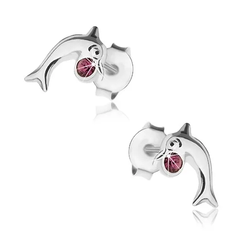 Puzetové náušnice, striebro 925, lesklý skáčuci delfín, krištálik fialovej farby