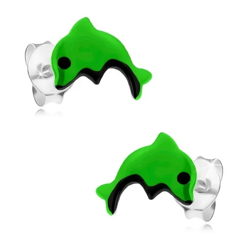 Náušnice zo striebra 925, skáčuci neónovozelený delfín, čierne očko a bruško