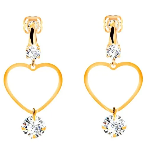 Zlaté 14K náušnice - tenký obrys súmerného srdca, visiaci číry zirkón