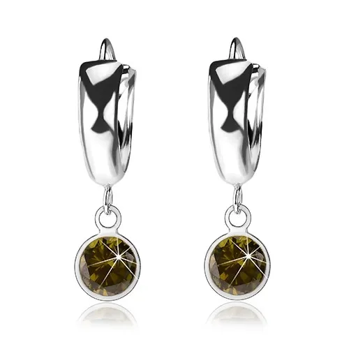 Náušnice zo striebra 925, lesklý hladký krúžok, tmavozelený zirkón