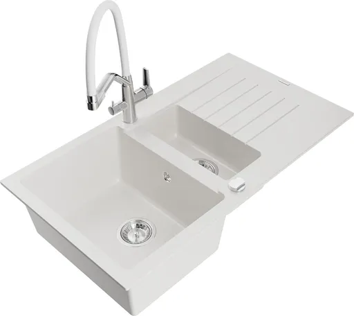 MEXEN/S MEXEN/S - Matias granitový drez 1.5 s odkvapkávačom vrátane batérie Duo, biela 6502-20-671701-02