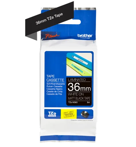 Brother TZE-M365, 36mm x 8m, bílý tisk/černý matný podklad, originální páska