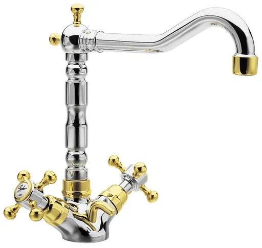 SAPHO - ANTEA stojánkova umývadlová batéria s retro hubicou s výpusťou, chróm/zlato 3372
