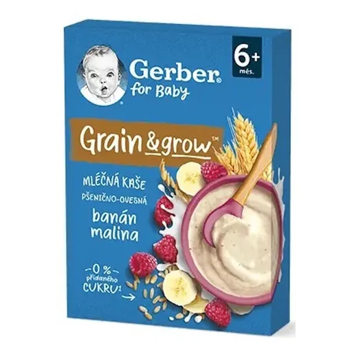 GERBER Mliečna kaša pšenično - ovsená malina banán 200 g 6m+