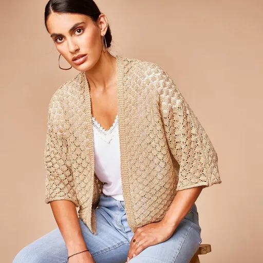 Krátky kardigan s 3/4 netopierími rukávmi, zo zlatistého úpletu