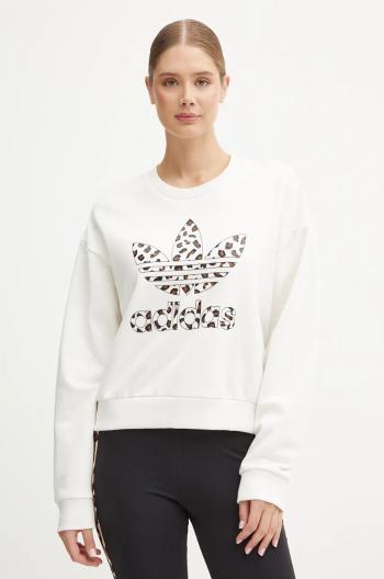 Bavlnená mikina adidas Originals Leopard Sweat dámska, biela farba, s nášivkou, IW8477