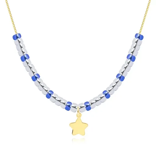 Zlatý 9K náhrdelník - plochá hviezda, číre a modré kryštáliky