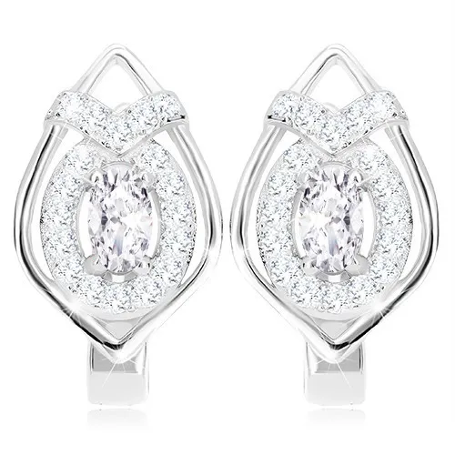 Ródiované náušnice zo striebra 925 - obrys špicatej kvapky, oválny ligotavý zirkón