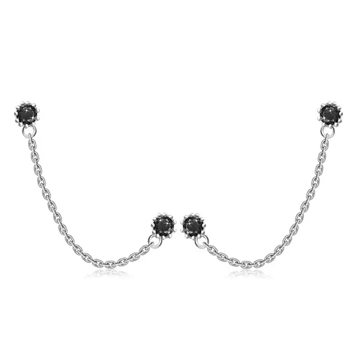 Dvojité náušnice zo striebra 925 - kvietok s čiernym zirkónom, retiazka, puzetky