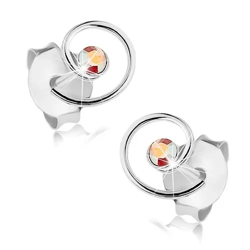 Strieborné náušnice 925, lesklá špirála s dúhovým krištálikom Swarovski