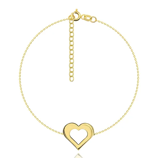 Náramok v žltom 14K zlate - jemná retiazka, plochý obrys srdca, lesklý hladký povrch