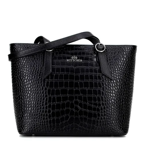 Dámska shopperka z kože croco čierna so strieborným logom 100-4E-623-1S