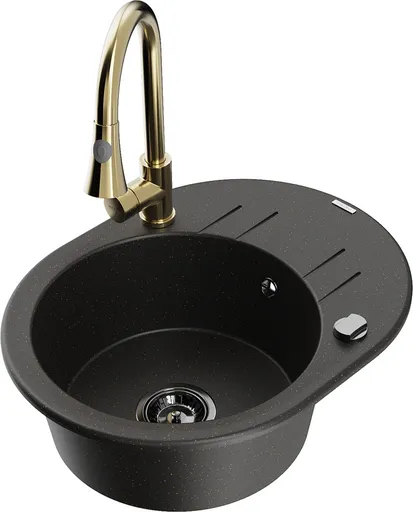 MEXEN/S MEXEN/S - Kevin granitový drez 1 s odkvapkávačom vrátane batérie Elia, čierna/zlatá metalik 6517-75-670101-50-B