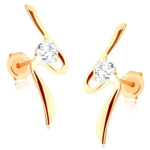 Náušnice zo zlata 375 - asymetrická vlnka, okrúhly číry zirkón, puzetky