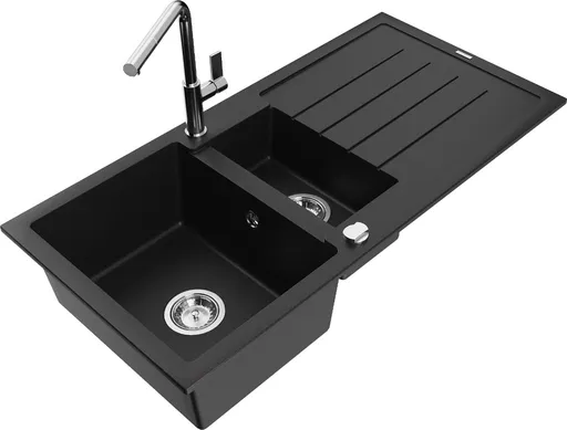 MEXEN/S MEXEN/S - Andres granitový drez s odkvapkávačom vrátane batérie Flora, čierna 6515-77-670401-00