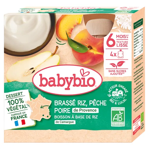 BABYBIO Kapsička ryžová kaša s broskyňou a hruškou 6m+ 4 x 85 g