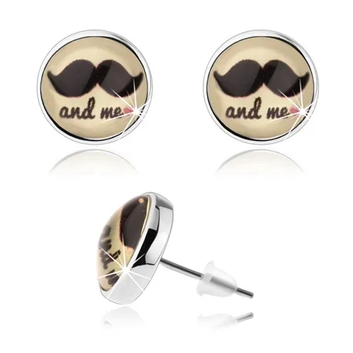 Kabošon náušnice, vypuklá glazúra, čierne fúzy, nápis, srdiečko, žltý podklad