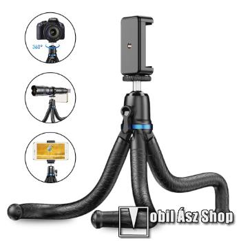 APEXEL APL-JJ10 TRIPOD állvány / selfie bot - 65-87mm-es bölcsővel, 360 fokban forgatható, flexibilis lábakkal, univerzális 1/4 "-es csavar, teherbírás: 3kg! - FEKETE