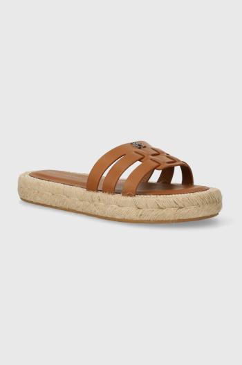Kožené šľapky Tommy Hilfiger AUTHENTIC FLAT LTHR ESPADRILLE dámske, hnedá farba, na platforme, FW0FW07745