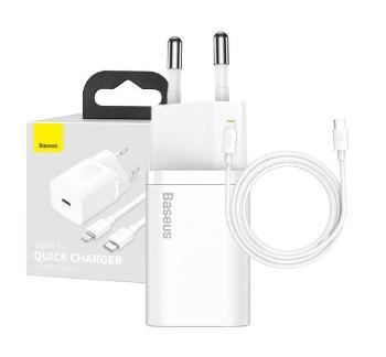 Baseus Super Si gyorstöltő 1C 20W adapter 1 m-es USB Type-C-Lightning kábellel, fehér