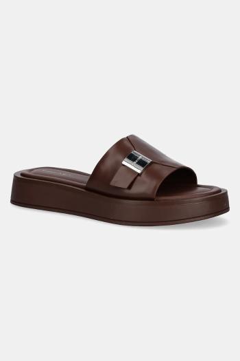 Kožené šľapky Calvin Klein FLATFORM SLIDE W/CK HW - LTH hnedá farba, na platforme, HW0HW02368
