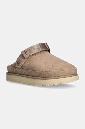 Detské semišové šľapky UGG Goldenstar Clog dámske, béžová farba, na platforme, 1138252-SAN