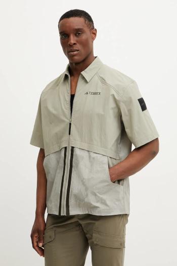 Košeľa adidas TERREX x National Geographic pánska, zelená farba, voľný strih, s klasickým golierom, JD5946