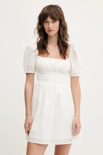 Bavlnené šaty Tommy Jeans biela farba, mini, áčkový strih, DW0DW21334
