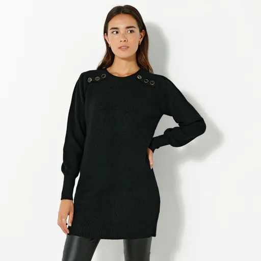 Jednofarebný tunikový pulóver s ozdobnými gombíkmi