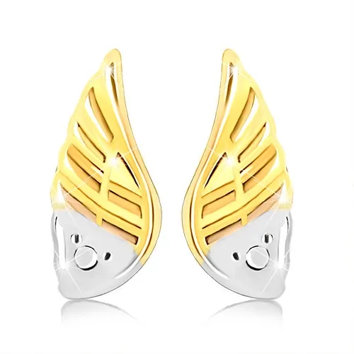 Zlaté 9K náušnice anjelské krídlo – kombinované zlato, gravírovaný vzor