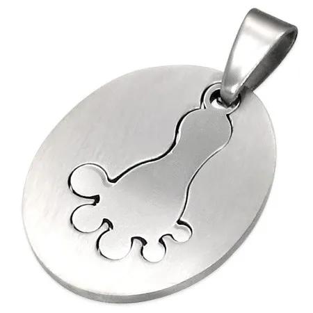 Prívesok z chirurgickej ocele, oválna známka - stopa nohy, strieborná farba