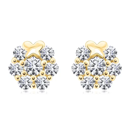 Náušnice zo žltého zlata 375 - kvet s motýľom, číre zirkóny, puzetky