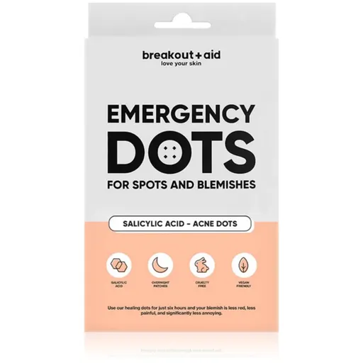 breakout + aid Emergency Dots For Spots and Blemishes lokálna starostlivosť proti akné na tvár, dekolt a chrbát s kyselinou salicylovou 72 ks