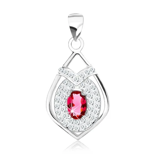 Prívesok zo striebra 925, kontúra zašpicatenej kvapky, oválny červený zirkón, trblietavý lem