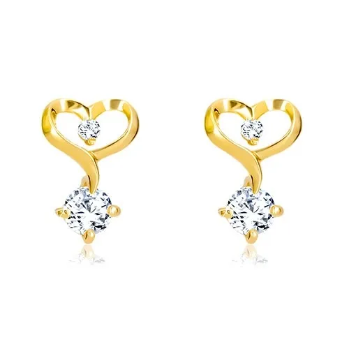 Briliantové náušnice v 14K žltom zlate - kontúra srdca s diamantmi