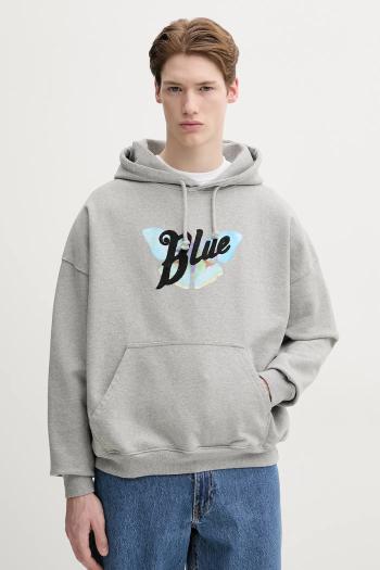 Bavlnená mikina BLUEMARBLE pánska, šedá farba, s kapucňou, s potlačou, HO01.FL05CA25
