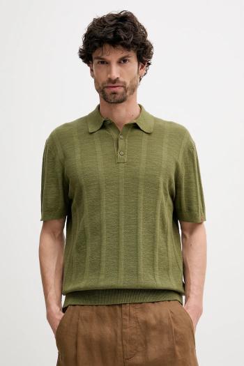 Polo tričko s prímesou ľanu United Colors of Benetton zelená farba, jednofarebné, 115GK301G