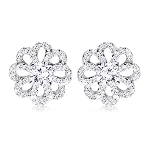 Ródiované strieborné náušnice 925 - kvietok s trblietavými lupeňmi a čírym zirkónom
