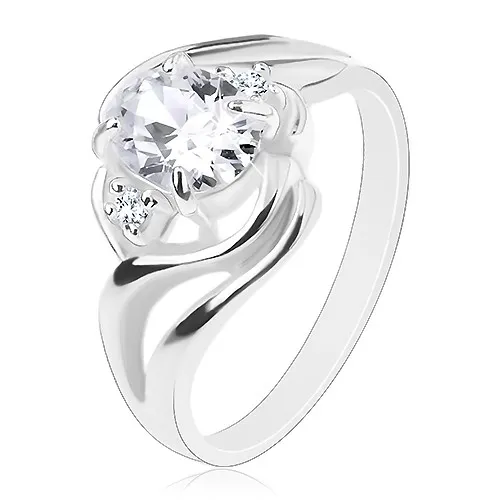 Ligotavý prsteň, rozdelené zvlnené ramená, veľký oválny zirkón čírej farby - Veľkosť: 57 mm