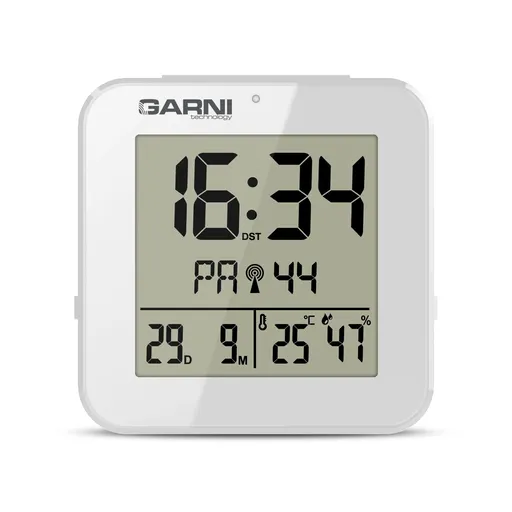 GARNI 138W - digitálny budík s teplomerom a vlhkomerom, biela