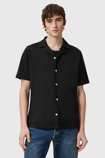 Bavlnená košeľa AllSaints HUDSON pánska, čierna farba, voľný strih, M081SA
