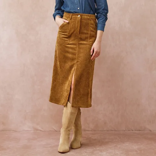 Midi menčestrová sukňa s vreckami a rozparkom vpredu